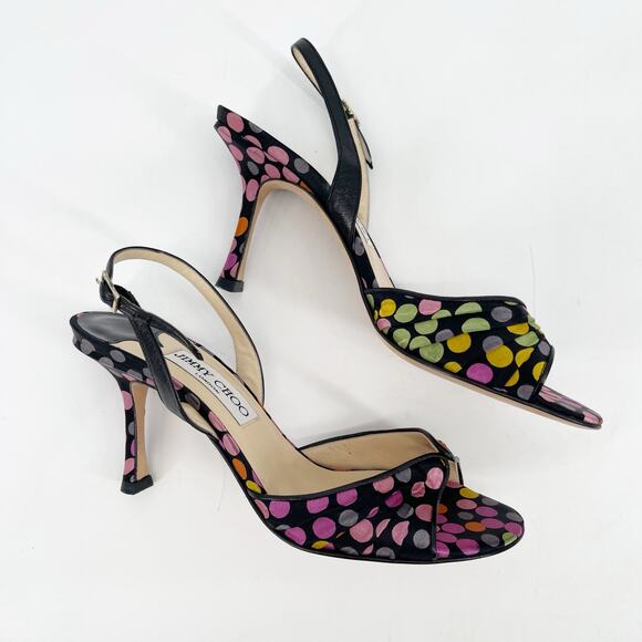 Jimmy Choo Vintage Y2K Black Polka Dot Satin Slingback Peep Toe Heels IT 36.5 - Picture 3 of 10